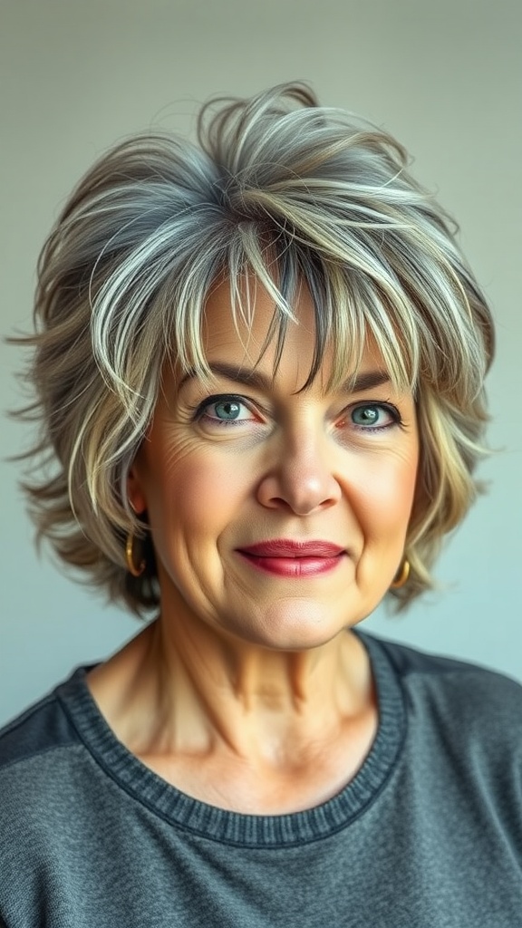 A woman with a choppy layered shag hairstyle featuring gray and blonde highlights, smiling in a casual outfit.
