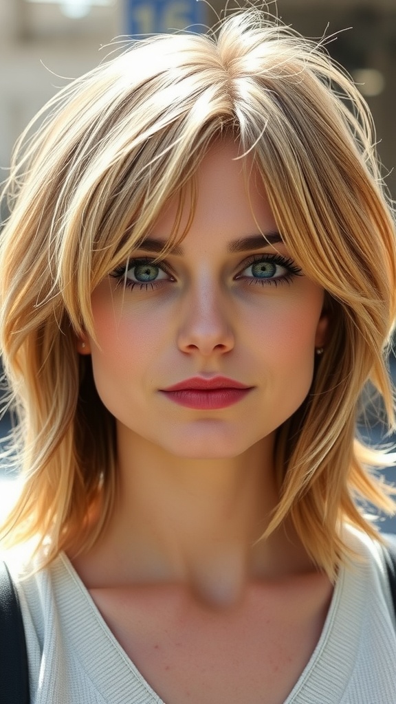 A woman with medium-length hair styled in choppy layers and curtain bangs, looking stylish and vibrant.