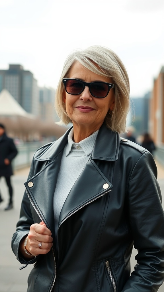 A woman over 60 with a choppy lob hairstyle and asymmetrical bangs, wearing sunglasses and a leather jacket.