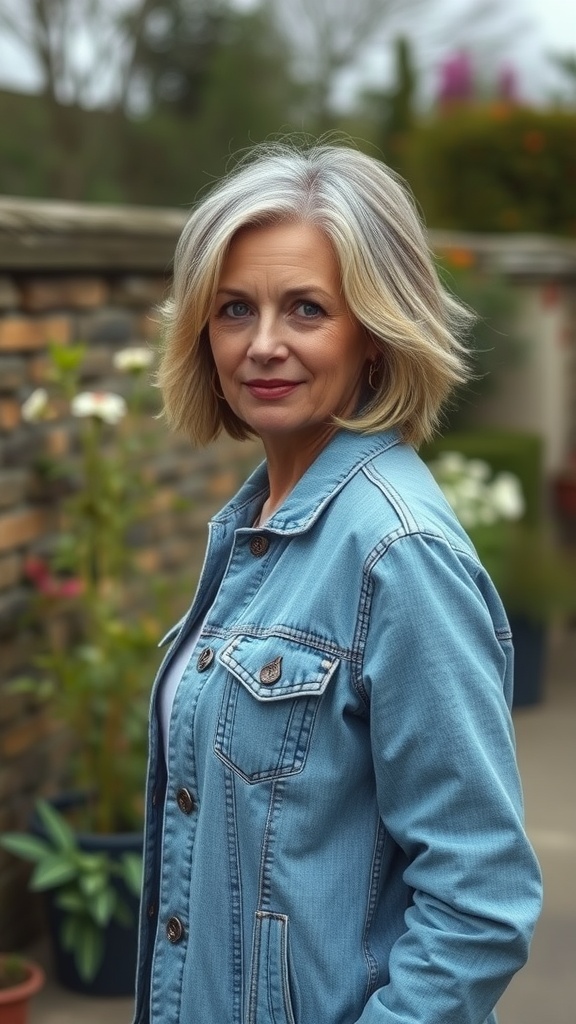 A woman with choppy lob haircut and highlights smiling in a garden setting.