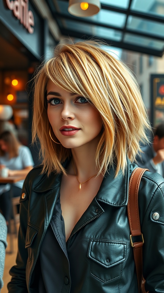A woman with a choppy lob hairstyle, wearing sunglasses and a stylish outfit in a cafe setting.
