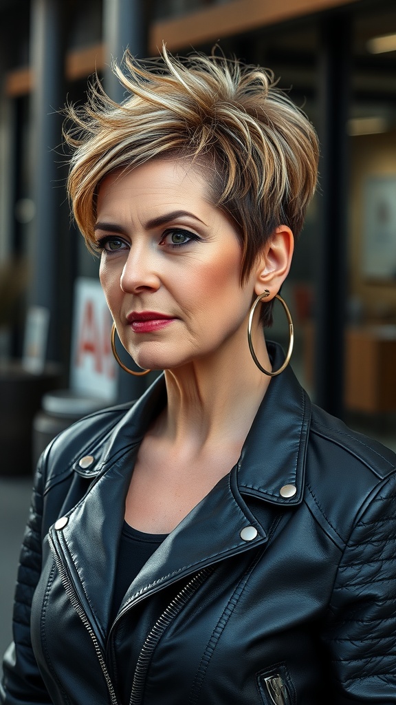 A woman with a choppy pixie cut wearing a leather jacket and hoop earrings, looking confidently at the camera.