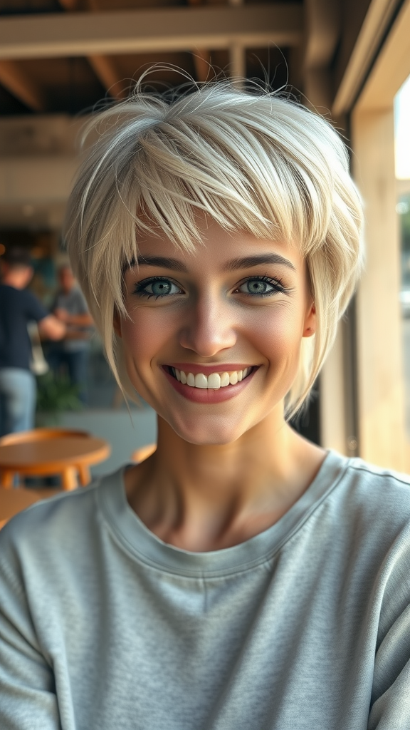 A woman with a choppy pixie shag hairstyle, smiling with a yellow flower in her hair.