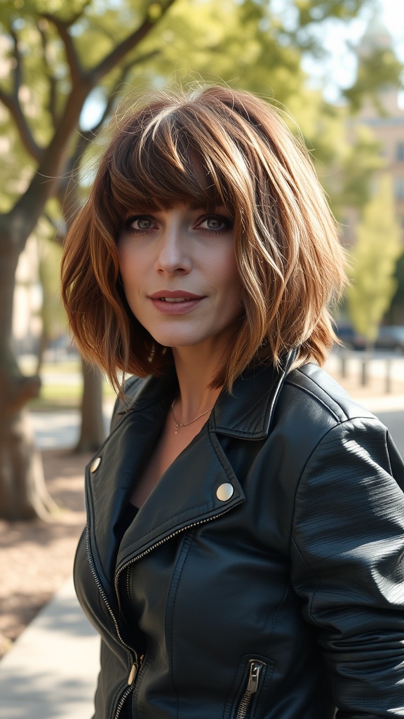 Woman with choppy shag cut and textured bangs, wearing a leather jacket, outdoors