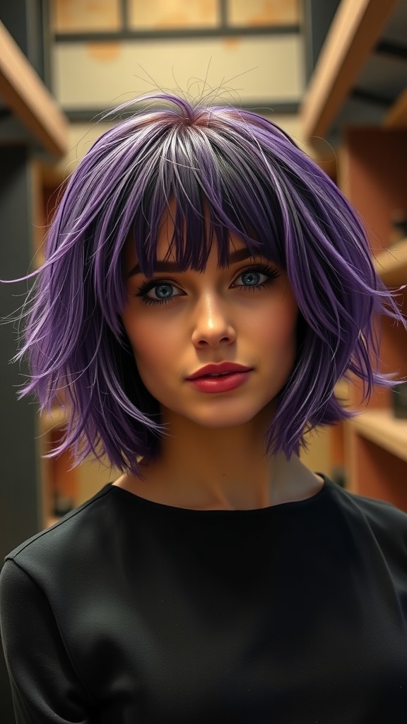 A woman with medium length choppy shag haircut and bold curtain bangs in vibrant purple.