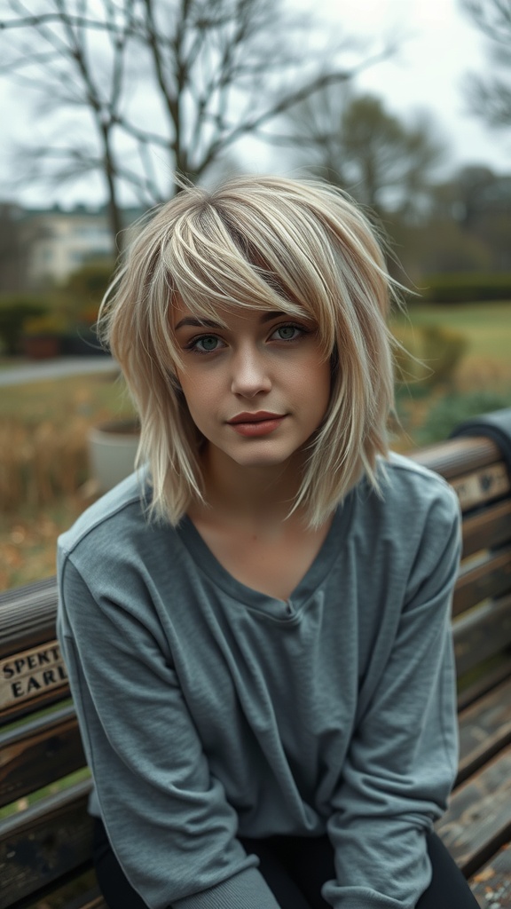 Choppy shag hairstyle with layered bangs on a woman sitting outside