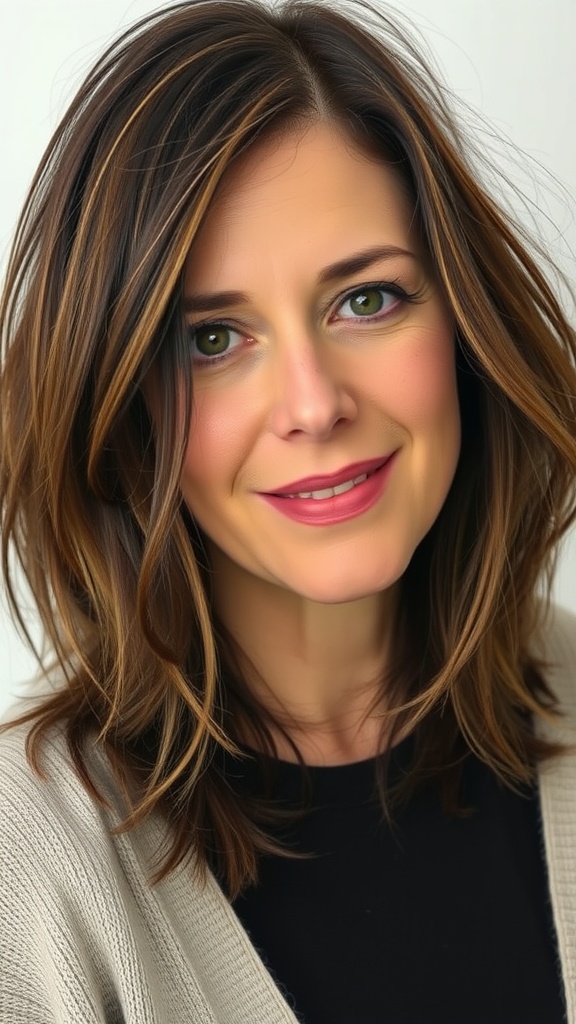 Woman with choppy shag haircut and side-swept layers, showing a youthful and vibrant style.