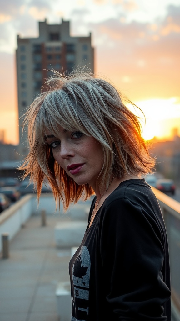 A woman with a choppy shaggy bob hairstyle with bold highlights, standing against a sunset background.