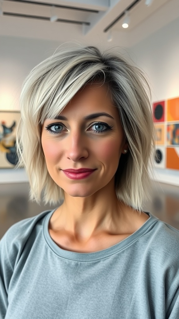 A woman with a choppy shaggy bob hairstyle and bright money pieces, showcasing a casual chic look.