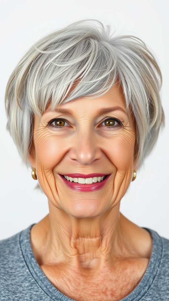 An older woman with a choppy short shag hairstyle and highlights, smiling warmly.