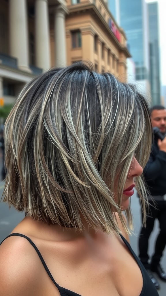 A woman with a choppy shoulder-length bob hairstyle, featuring highlights and soft waves.