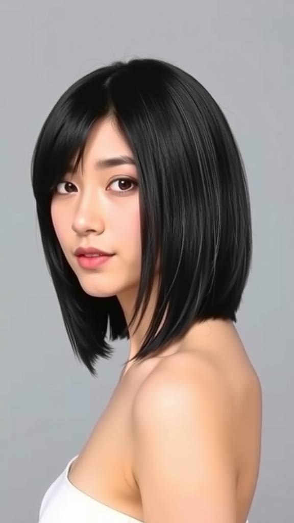 A woman with a classic angled bob hairstyle, showcasing sleek black hair in a stylish profile view.