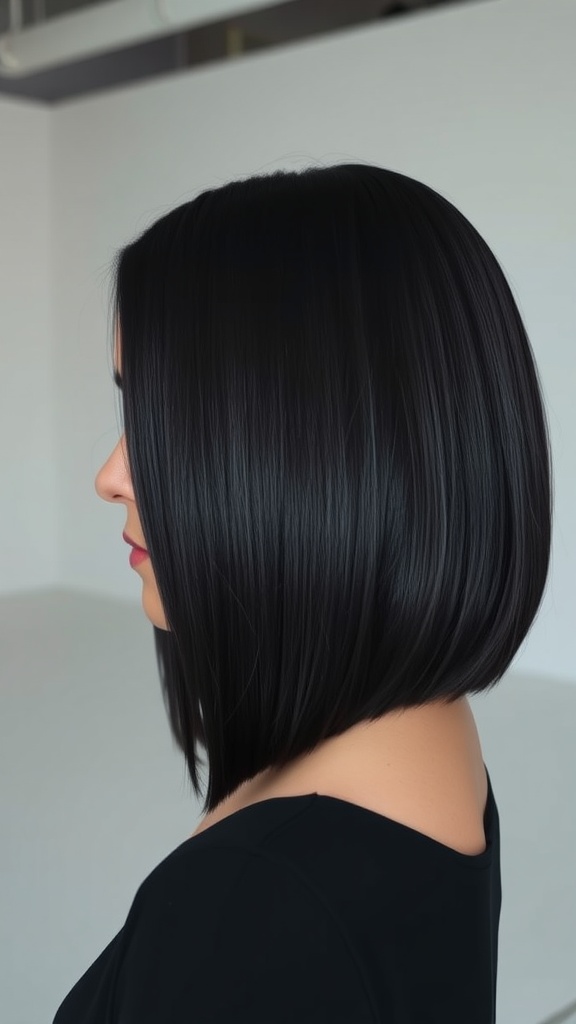 A woman with medium-length hair styled in a classic blunt cut, showcasing a sleek and polished look.
