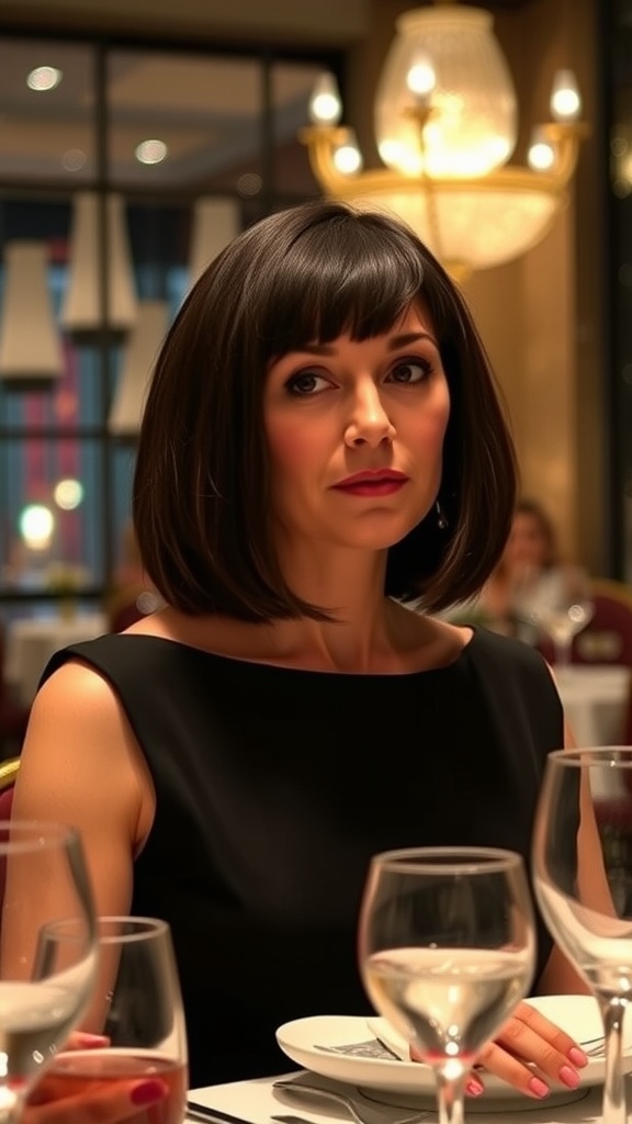 A woman with a classic bob hairstyle and side-swept blunt bangs, seated at a dining table with elegant decor.