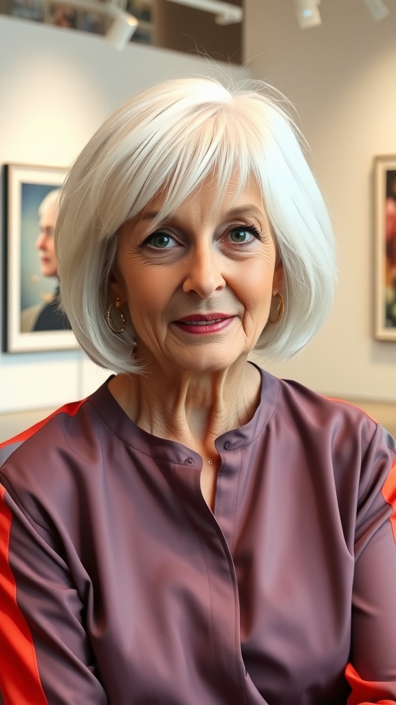A woman over 60 with a classic bob haircut and straight bangs, wearing a stylish top.