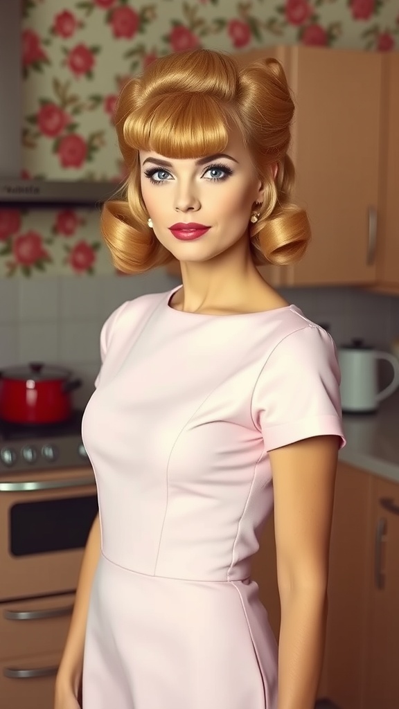 A woman with a classic bouffant hairstyle wearing a pink dress in a vintage kitchen setting.