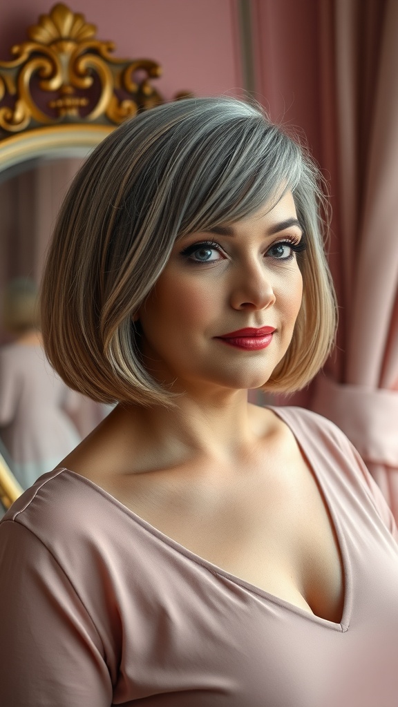 A woman with a classic flip hairstyle, looking elegant and confident.