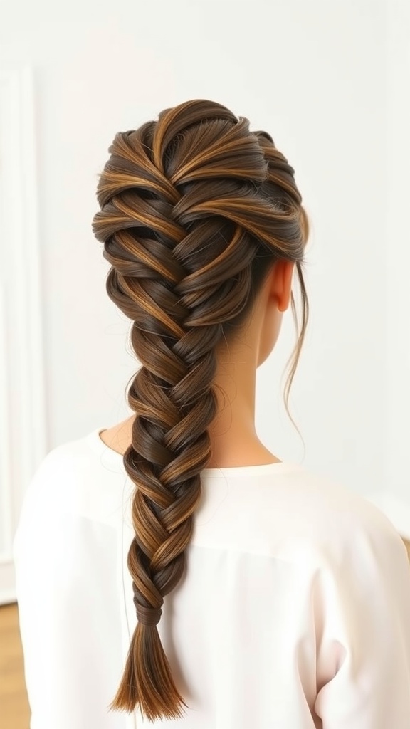 A woman with long, beautifully braided hair styled in a classic French braid.