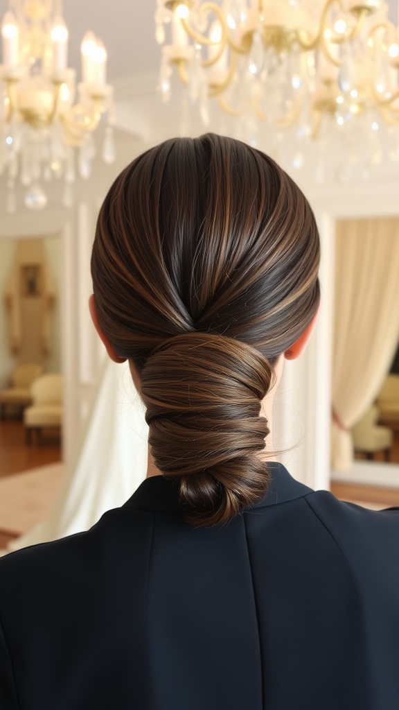 A close-up view of a classic French twist hairstyle, showcasing smooth, shiny hair styled elegantly.