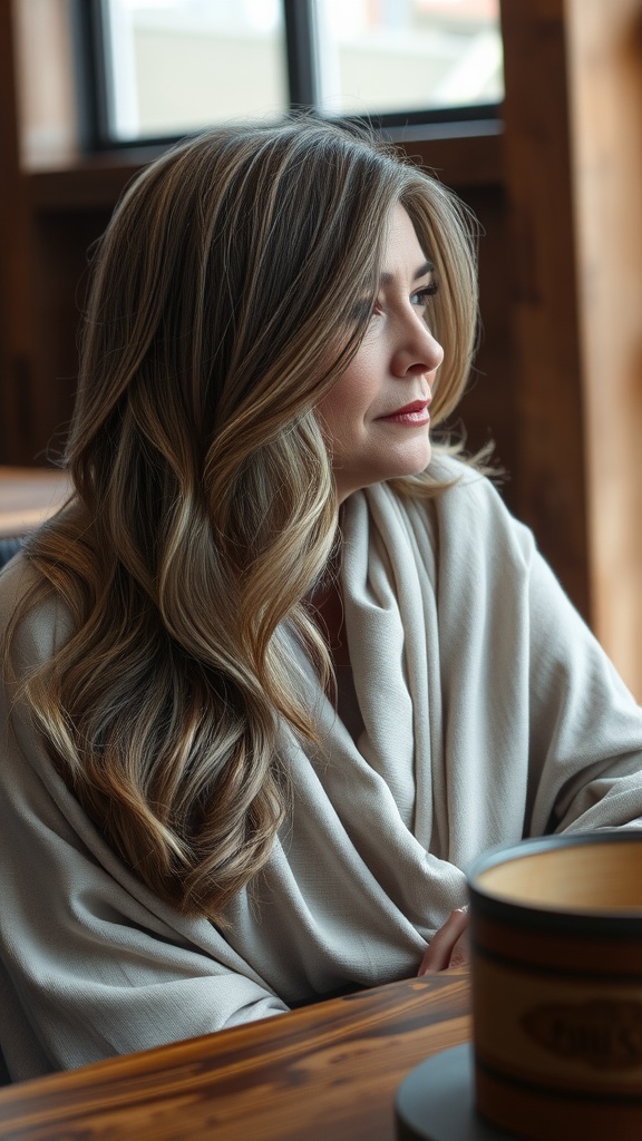 A woman with long layered hair styled elegantly, showcasing a soft and vibrant look.