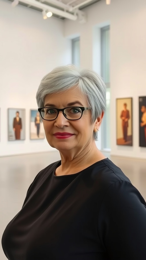 A stylish older woman with a classic long pixie haircut, wearing glasses and a black top, in an art gallery.