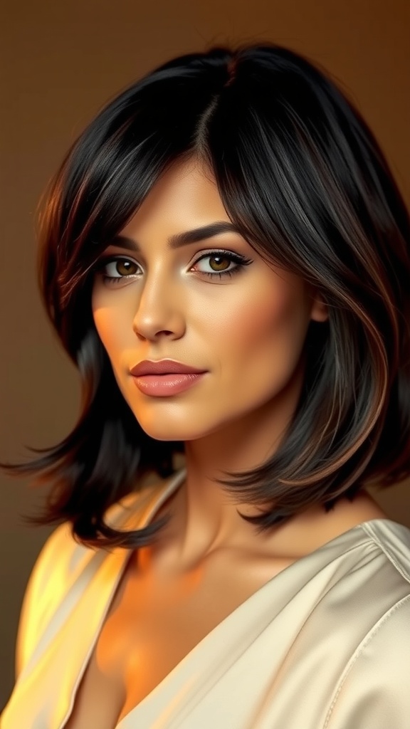 A woman with medium-length U-cut hair styled in soft layers, showcasing a natural and elegant look.