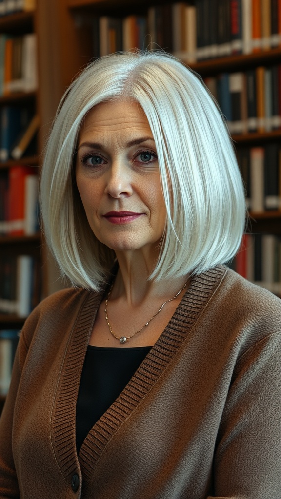 A woman over 60 with a classic midi bob haircut, showcasing soft layers and a sophisticated look.