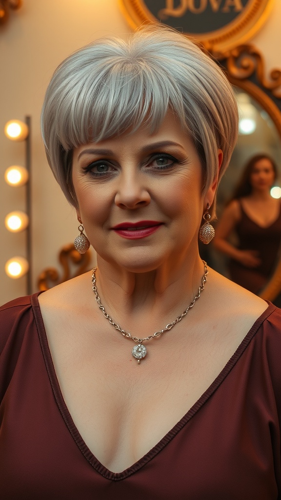 A woman with a classic pageboy haircut, wearing a burgundy dress and elegant jewelry.