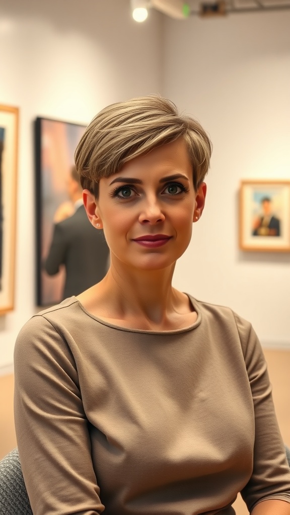 A woman with a classic pixie cut, showcasing a stylish and modern look.