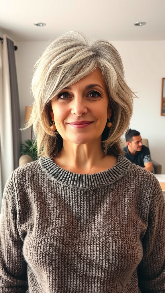 A woman over 60 with a classic shag haircut and feathered layers, wearing a cozy sweater.