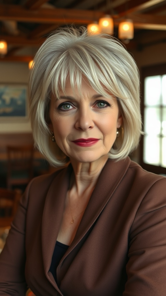 A woman with a classic shag hairstyle and full bangs, showcasing a stylish and modern look.