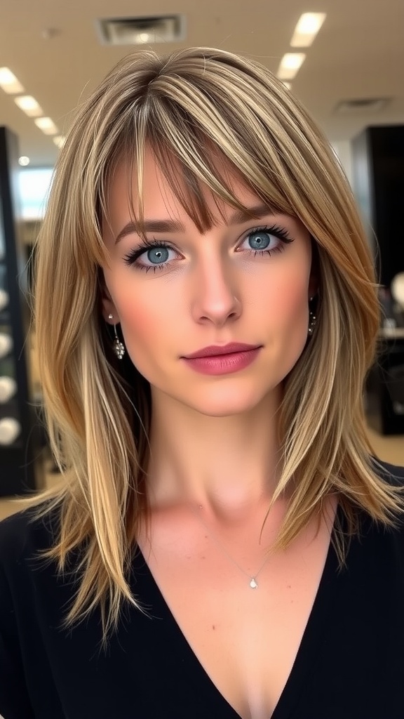 A woman with a classic shag haircut featuring wispy bangs, showcasing a stylish and youthful appearance.