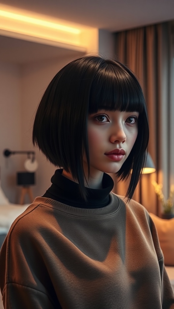 A woman with a classic shaggy bob haircut and straight fringe, showcasing a modern and stylish look.