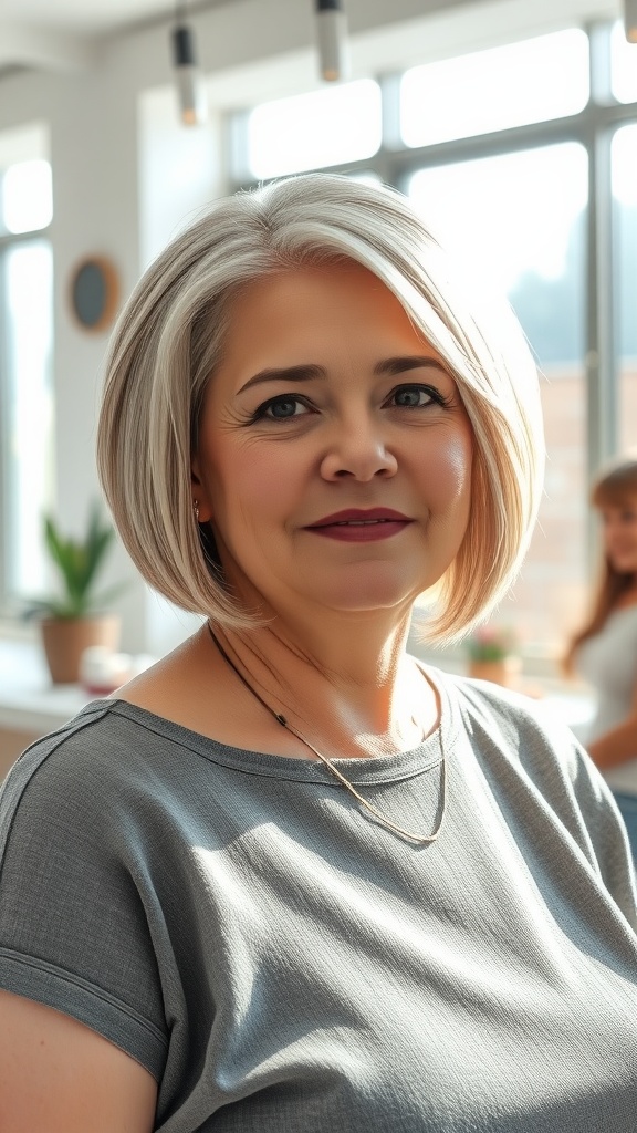 A woman with a stylish short bob haircut, smiling in a bright, modern salon environment.