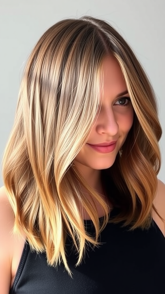 Shoulder-length layered hairstyle with warm tones and soft waves