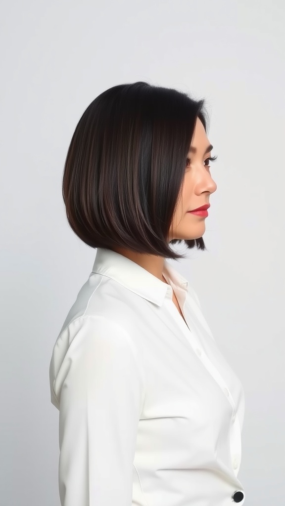 A woman with a classic sleek A-line bob haircut, wearing a white shirt, showcasing a polished and elegant look.