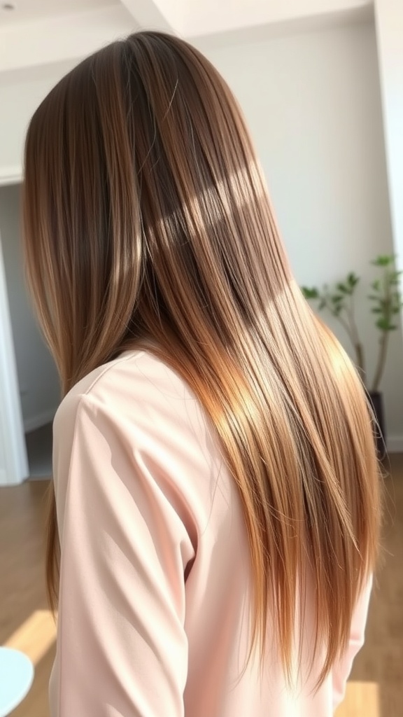 A woman with long, straight layered hair, showcasing a healthy shine.