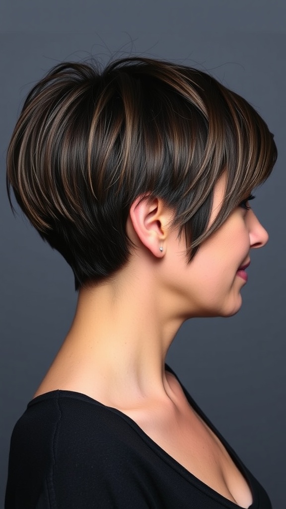 A close-up view of a classic tapered pixie haircut on a woman, showcasing the short back and sides with added volume on top.