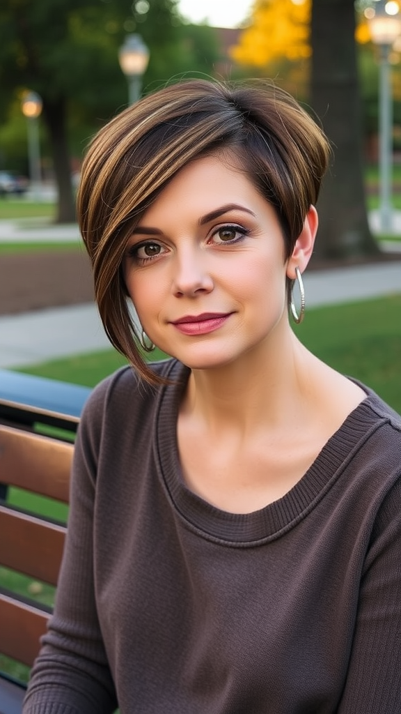 A woman with a classic tapered pixie cut and long side-swept bangs, sitting outdoors with sunlight in the background.
