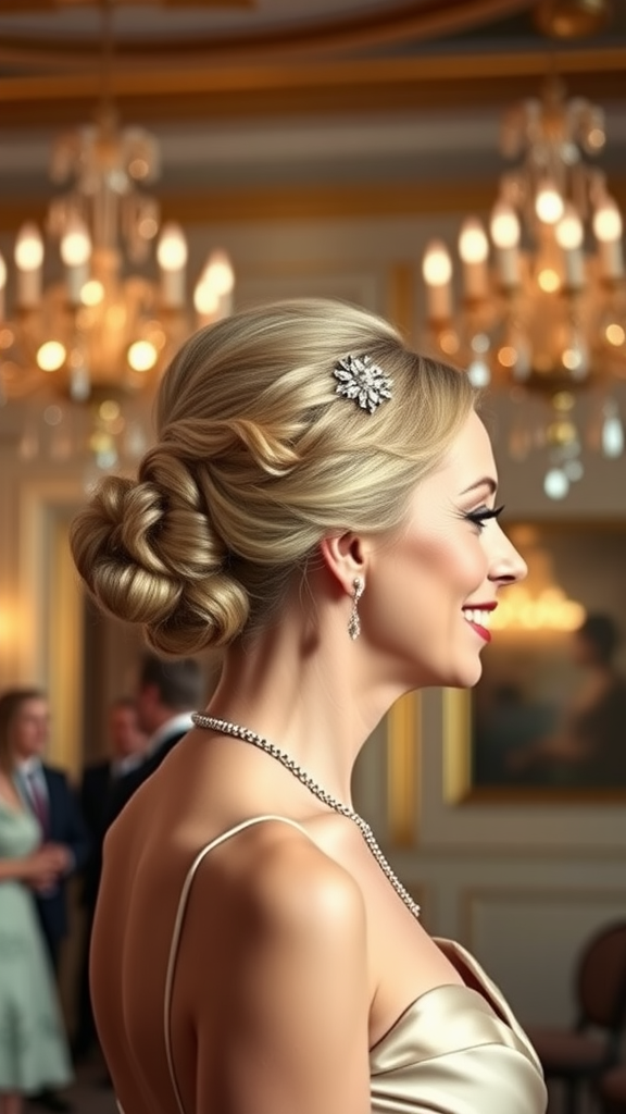 A woman showcasing a classic updo hairstyle adorned with pearls, set in an elegant venue.