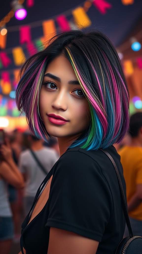 A woman with a colorful asymmetrical bob hairstyle featuring rainbow highlights against a vibrant background.