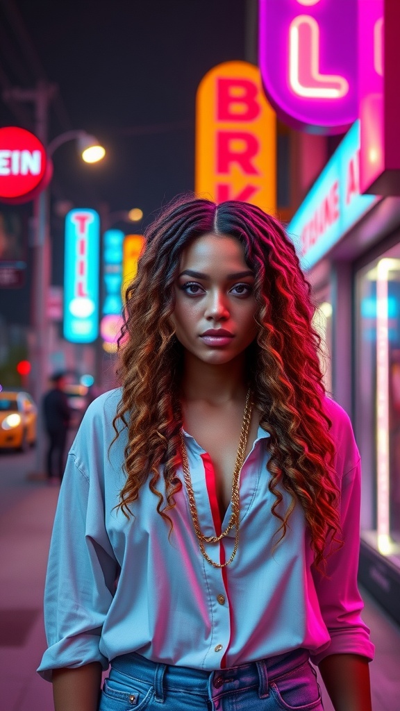 A woman with crimped hair wearing a light blue shirt, standing in front of neon signs at night.