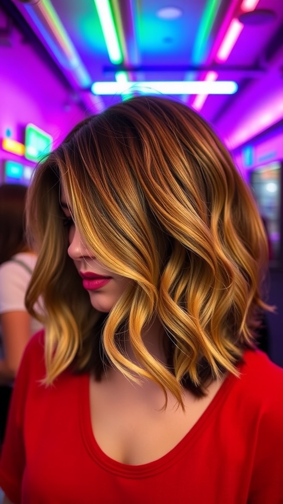 Woman with medium length crimped waves and ombre highlights, standing in a colorful setting
