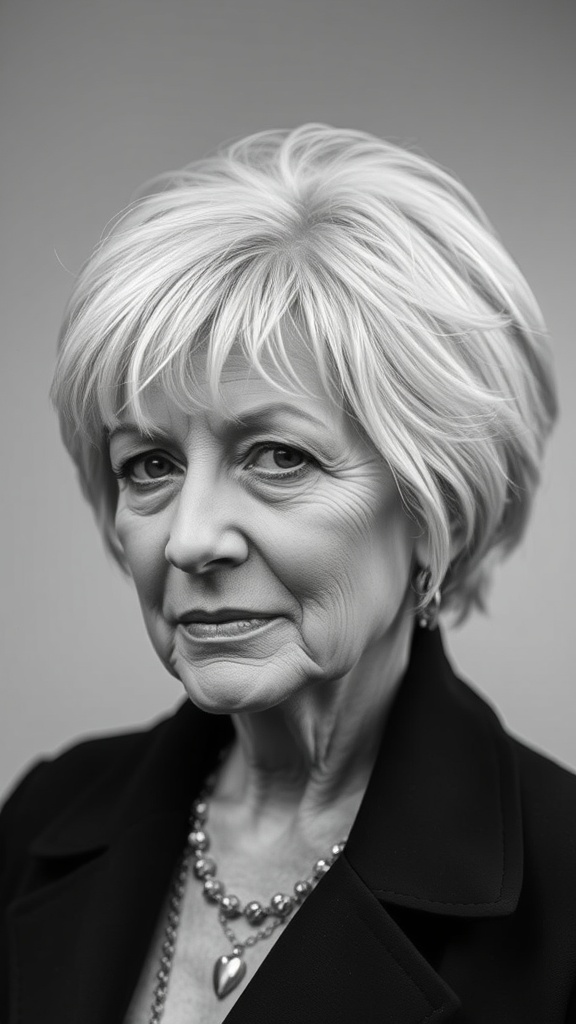 A woman over 60 with a cropped shag hairstyle featuring fringes, showcasing a modern and stylish look.