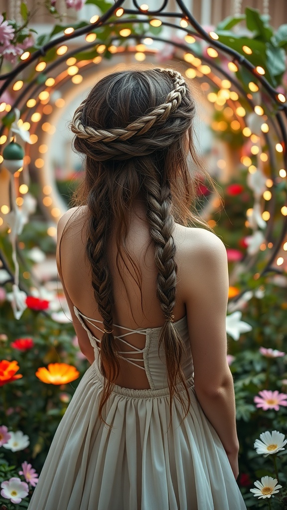 A woman with a crown braid and loose waves surrounded by flowers and warm lights
