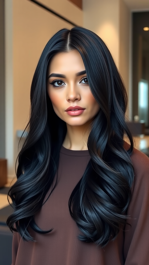 A woman with medium-length hair styled in soft curls with a middle part, featuring highlights.