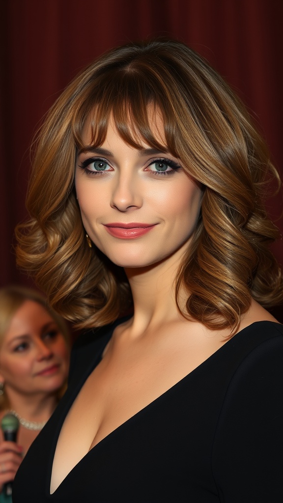 Woman with medium length hair, soft curtain bangs, and curled ends, looking stylish and elegant.