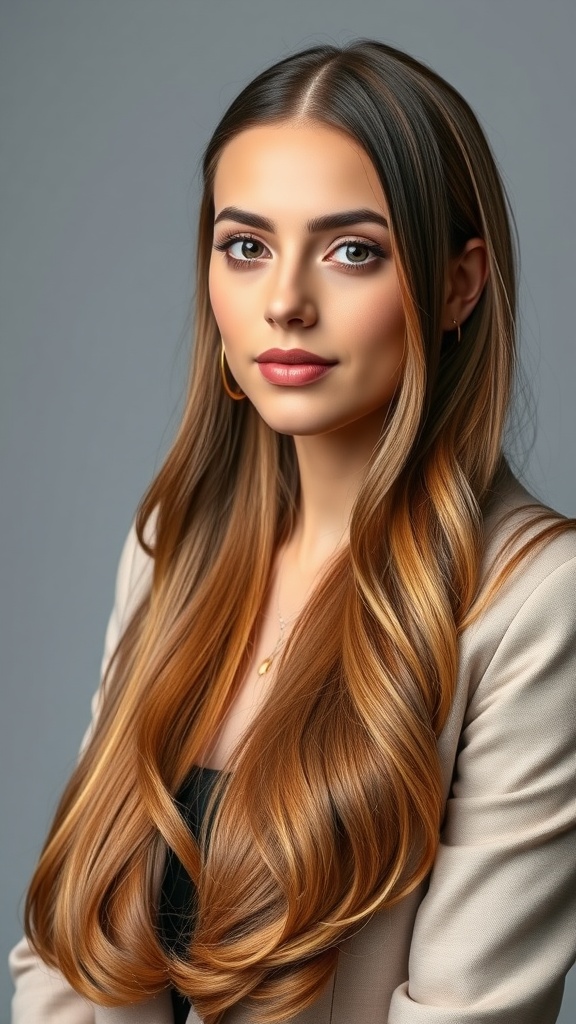 Long hair with curled ends styled for volume