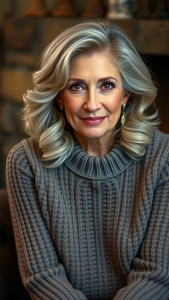 A woman with medium length curled lob hairstyle, featuring tapered ends, wearing a cozy grey sweater, smiling softly.