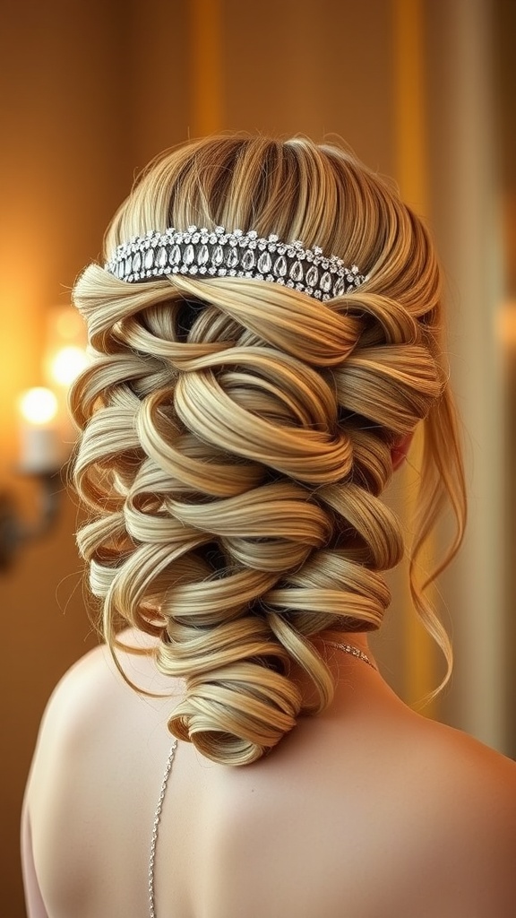Curled low chignon hairstyle adorned with a sparkling headband, showcasing elegant curls at the nape of the neck.